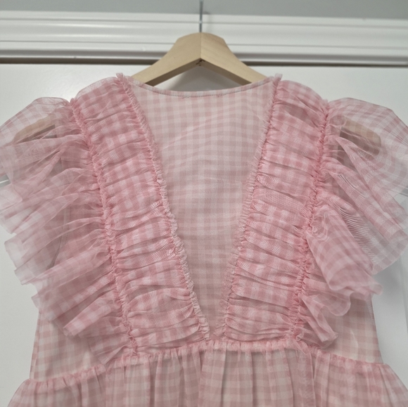 Peasant Dress Large Blue Pink Gingham Ruffled Dress Size Medium Sheer Romantic - Picture 4 of 10